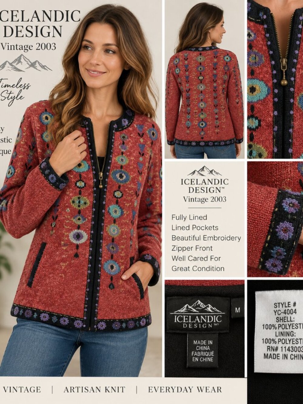 Vintage 2003 Icelandic Design Embroidered Zip Cardigan Jacket Linen Blend M
